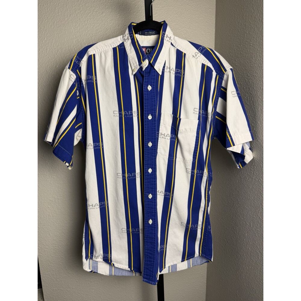 VTG Chaps Ralph Lauren Shirt Blue Yellow Vertical Stripe Western Button Down